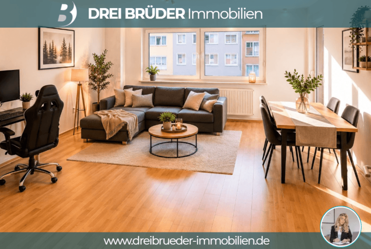 Ein helles und modernes Wohnzimmer mit einem grauen Sofa, einem runden Tisch und einem Esstisch. Pflanzen und Bilder an den Wänden ergänzen die gemütliche Atmosphäre. Ein Schreibtisch mit Computer steht ebenfalls im Raum und große Fenster sorgen für genügend Tageslicht.
