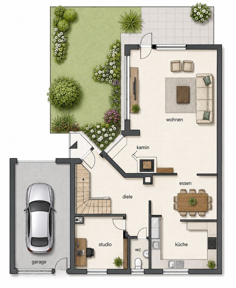 Der Grundriss zeigt eine Wohnung mit einem Wohnbereich, einer Küche, einem Esszimmer, einem Studio und einem Bad. Ein Kamin ist im Wohnzimmer eingeplant. Die Garage befindet sich links, während ein Garten rechts sichtbar ist, der mit Pflanzen und Blumen gestaltet ist.