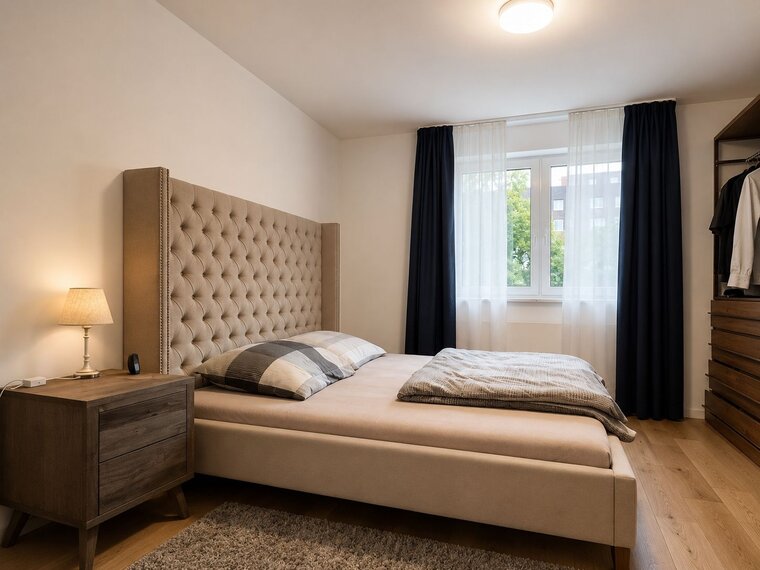 Ein modernes Schlafzimmer mit einem gepolsterten Bett, auf dem zwei Kissen liegen. Neben dem Bett steht ein Holz-Nachttisch mit einer Lampe. Vor einem Fenster hängen dunkle Vorhänge, und ein Teppich liegt auf dem Holzboden.