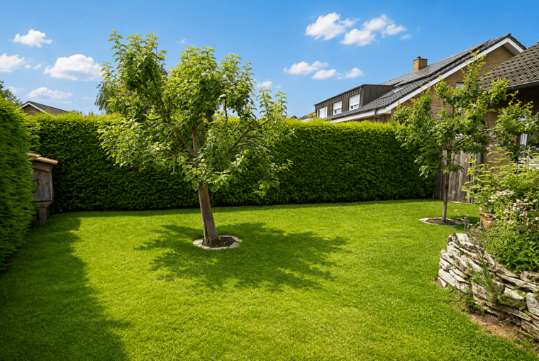 Ein hellgrüner Garten mit frisch gemähtem Rasen. In der Mitte steht ein kleiner Baum, umgeben von einem runden Steinkreis. Hohe, grüne Hecken umgeben den Garten, und im Hintergrund sind Teile von Häusern und ein blauer Himmel mit wenigen Wolken sichtbar.