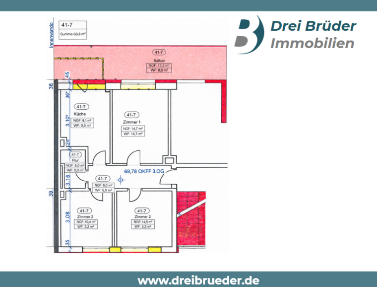 Grundriss einer Wohnung mit einer Gesamtfläche von 68,8 m². Die Räume umfassen Küche, drei Zimmer, Flur und einen Balkon. Größen der Zimmer variieren, mit der größten Fläche von 14,7 m² für Zimmer 1.