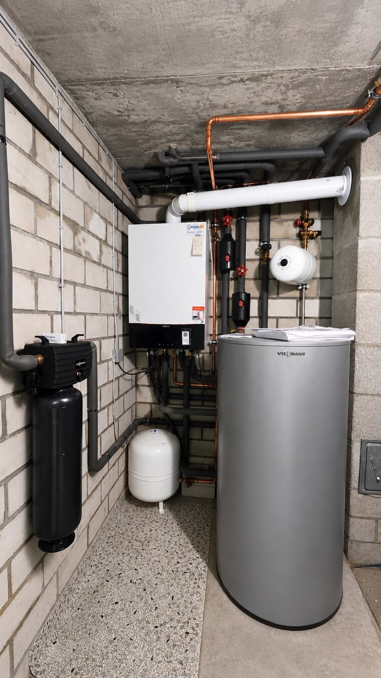 Ein Technikraum mit verschiedenen Rohrleitungen und einem großen grauen Warmwasserspeicher. An der Wand befindet sich ein Heizgerät und eine schwarze Filtereinheit. Die Wände sind aus Sichtmauerwerk und der Boden ist mit grauem Steinbelag versehen.