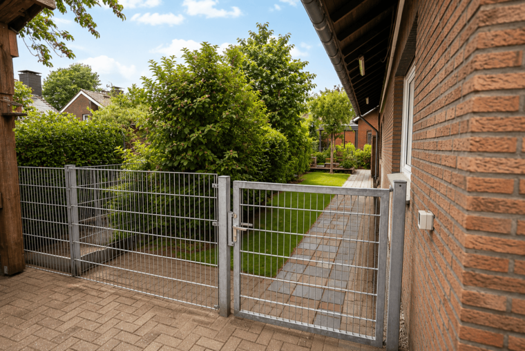 Ein offener Metallzaun führt in einen gepflegten Garten. Im Hintergrund sind grüne Sträucher und Bäume zu sehen. Ein gepflasterter Weg verläuft durch den Garten, der von einer Hauswand flankiert wird. Der Himmel ist blau mit einigen Wolken.