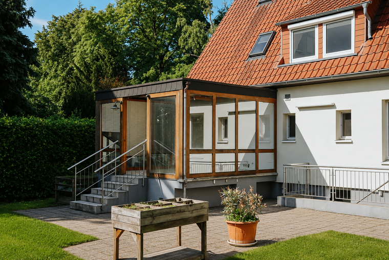 Ein modernes Haus mit rotem Satteldach und einem verglasten Vordach. Stufen führen zur Eingangstür. Im Garten stehen ein Hochbeet und ein Blumentopf mit Pflanzen. Die Umgebung ist von grüner Bepflanzung umgeben.