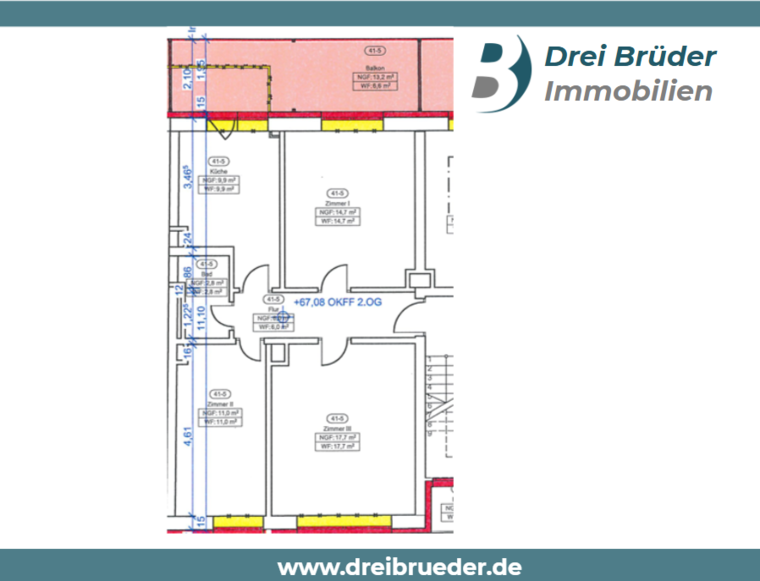 Der Grundriss zeigt eine Wohnung im 2. Obergeschoss mit mehreren Räumen, einschließlich einer Küche und drei Zimmern. Ein Balkon ist ebenfalls eingezeichnet. Die Flächenmaße der Räume sind vermerkt, um die Wohnnutzung zu verdeutlichen.