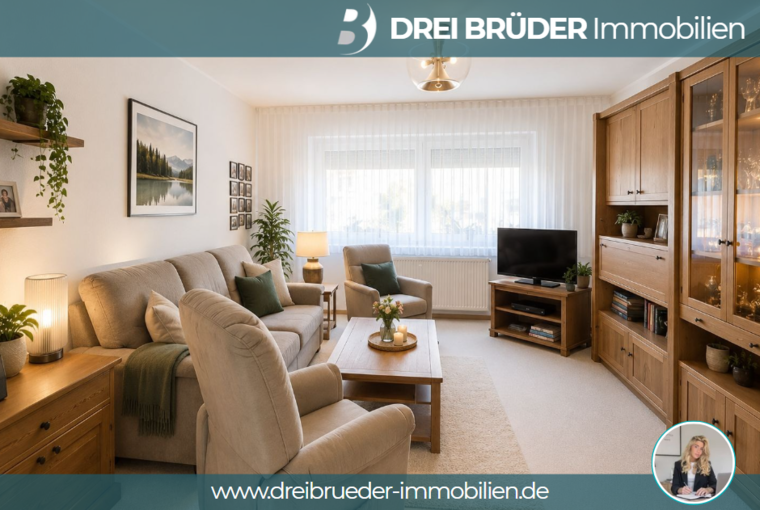 Ein einladendes Wohnzimmer mit einem beigen Sofa, einem Sessel und einem Holztisch. An der Wand hängen Bilder, und ein Fernseher steht auf einem Holzschrank. Ein Fenster lässt viel Tageslicht hinein, und Pflanzen sorgen für eine angenehme Atmosphäre.