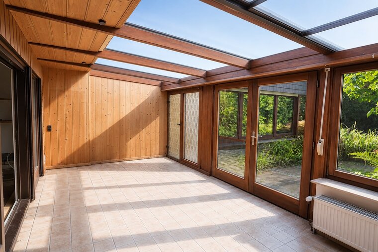Ein lichtdurchfluteter Wintergarten mit Holzwänden und einem Glasdach. Große Fensterfronten bieten Blick auf einen grünen Garten. Der Boden ist gefliest, und ein Heizkörper steht an der Wand. Die Atmosphäre ist hell und einladend.