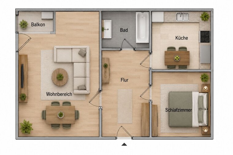 Ein Grundriss einer Wohnung mit einem Balkon, einem Wohnbereich mit Sofa und Esstisch, einer Küche, einem Flur und einem Schlafzimmer mit Bett. Das Bad ist separat angeordnet. Pflanzen sind in verschiedenen Räumen positioniert, um eine gemütliche Atmosphäre zu schaffen.