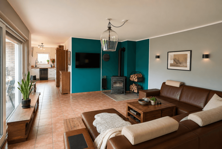 Das Bild zeigt ein modern gestaltetes Wohnzimmer mit einer gemütlichen Ledercouch und einem Holztisch. An einer Wand befindet sich ein Fernseher und ein Kamin. In der Ecke steht ein Regal mit Holzscheiten. Der Raum ist freundlich beleuchtet und hat eine warme Atmosphäre.