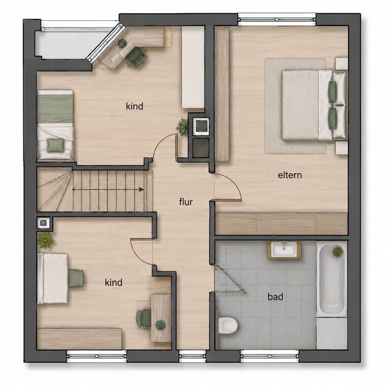 Der Grundriss zeigt ein zweigeschossiges Haus mit einem Flur, zwei Kinderzimmer, ein Elternschlafzimmer und ein Badezimmer. Zu sehen sind auch ein Arbeitsbereich und Treppenverlauf. Die Räume sind funktional angeordnet und vermitteln eine familiäre Atmosphäre.