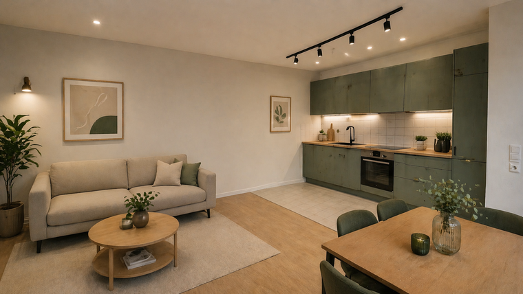 Das Bild zeigt einen modernen Wohnraum mit einem hellen Sofa und einem Couchtisch. Links steht eine Pflanze, während rechts eine grüne Küchenzeile mit einem Herd und Pflanzen auf der Arbeitsfläche zu sehen ist. Ein Esstisch mit Stühlen ergänzt den Raum.