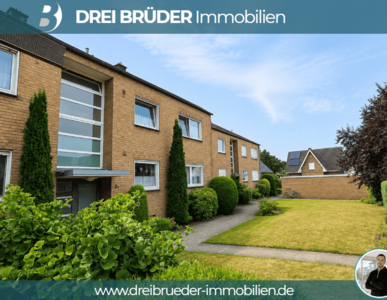Ein zweigeschossiges Wohngebäude aus Ziegelstein mit großen Fenstern. Vor dem Gebäude befindet sich ein gepflegter Garten mit Grünanlagen und einem schmalen Weg. Im Hintergrund sind weitere Gebäude sichtbar. Oben links ist das Logo "Drei Brüder Immobilien" zu sehen.