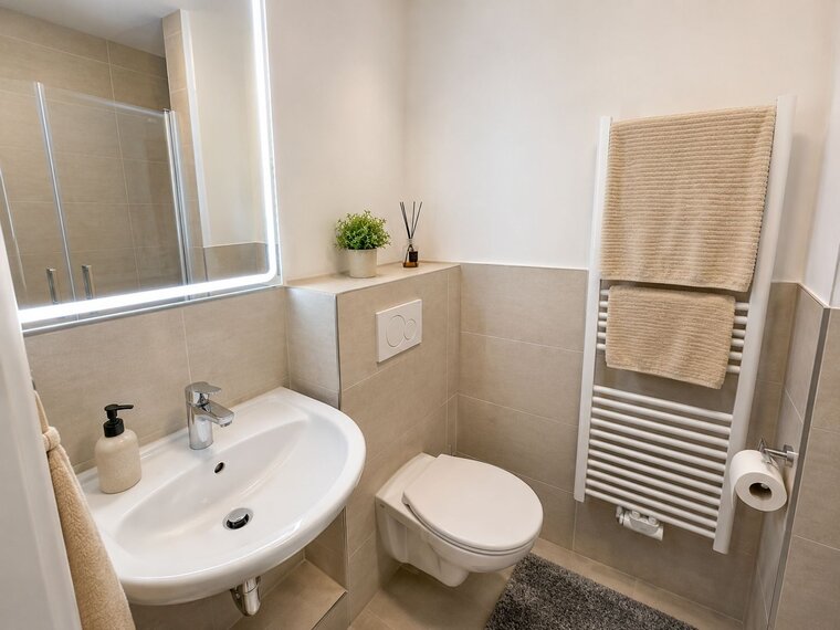 Ein modernes Badezimmer mit einem Waschbecken, einem WC und einem Handtuchhalter. An der Wand hängt ein Handtuch, und eine kleine Pflanze sowie Duftstäbchen befinden sich auf der Ablage. Große Fliesen und ein beleuchteter Spiegel sorgen für ein helles Ambiente.