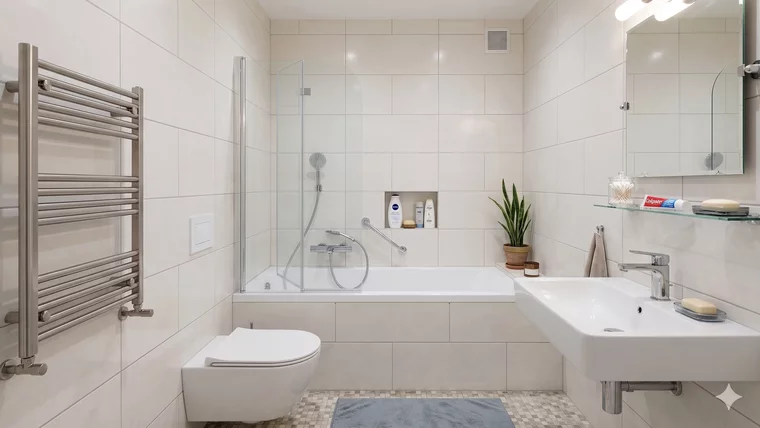 Ein modernes Badezimmer mit einer Badewanne, einer Dusche mit Glasabtrennung, einem Waschbecken und einer Toilette. An der Wand sind Handtücher und Pflegeprodukte sowie eine kleine Pflanze in einem Topf sichtbar. Die Wände sind in neutralen Farben gefliest.