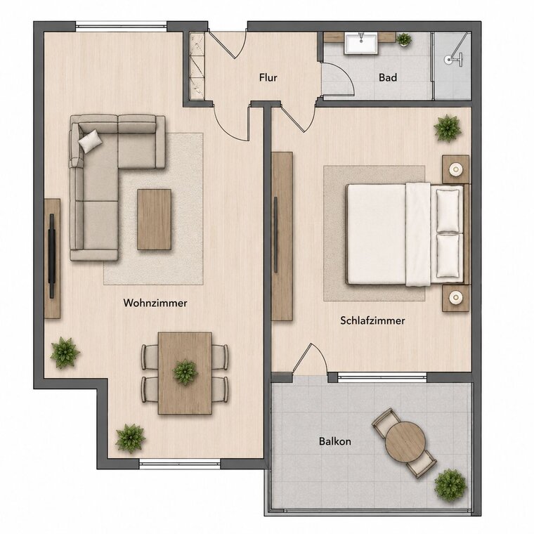 Der Grundriss zeigt eine Wohnung mit einem Wohnzimmer, Schlafzimmer, Flur und Bad. Das Wohnzimmer enthält eine Couch, einen Tisch und Pflanzen. Das Schlafzimmer hat ein Bett und Nachttische. Es gibt auch einen Balkon mit einem runden Tisch und Stühlen.