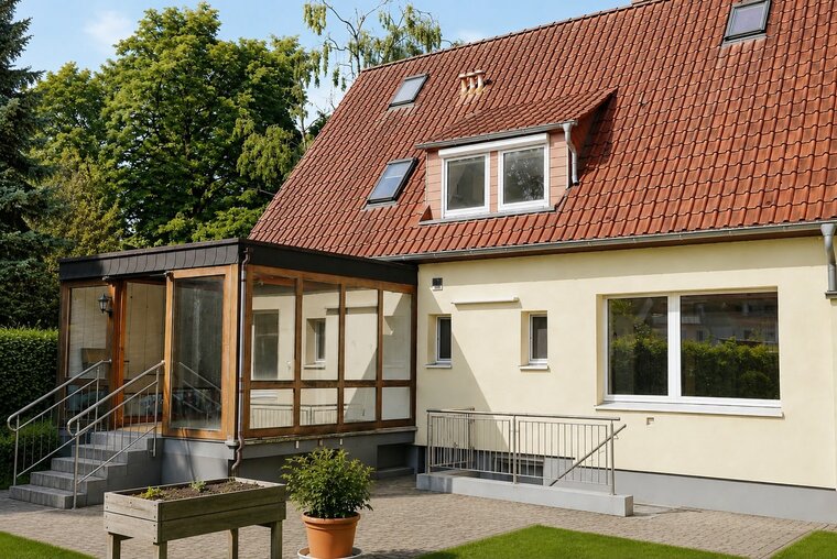 Ein modernes zweigeschossiges Haus mit rotem Ziegeldach. An der Seite ist ein verglaster Anbau mit einer Eingangstür und Treppe. Der Gartenbereich hat einen bepflanzten Hochbeet und einen blühenden Topf. Bäume und Sträucher umgeben die Immobilie.