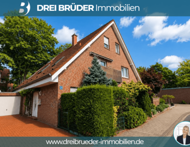 Ein modernes, zweigeschossiges Einfamilienhaus aus Ziegelstein befindet sich auf einem gepflegten Grundstück, umgeben von grünen Büschen und Bäumen. Der Eingangsbereich ist mit einem kleinen überdachten Vorbau versehen. Die Fassade zeigt große Fenster und ein Satteldach.