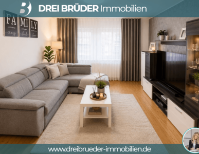 Moderner Wohnraum mit einem grauen Sofa, einem weißen Couchtisch und einem großen Fenster mit Vorhängen. An der Wand hängen dekorative Bilder mit Schriftzügen. Der Raum ist hell und gemütlich gestaltet, ideal für familiäre Zusammenkünfte.