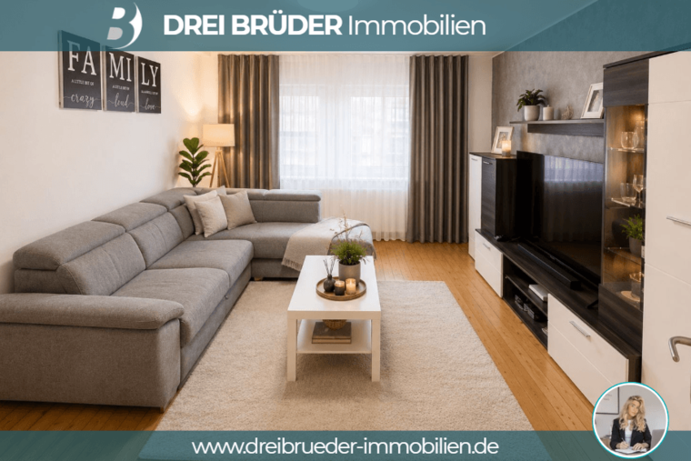 Moderner Wohnraum mit einem grauen Sofa, einem weißen Couchtisch und einem großen Fenster mit Vorhängen. An der Wand hängen dekorative Bilder mit Schriftzügen. Der Raum ist hell und gemütlich gestaltet, ideal für familiäre Zusammenkünfte.