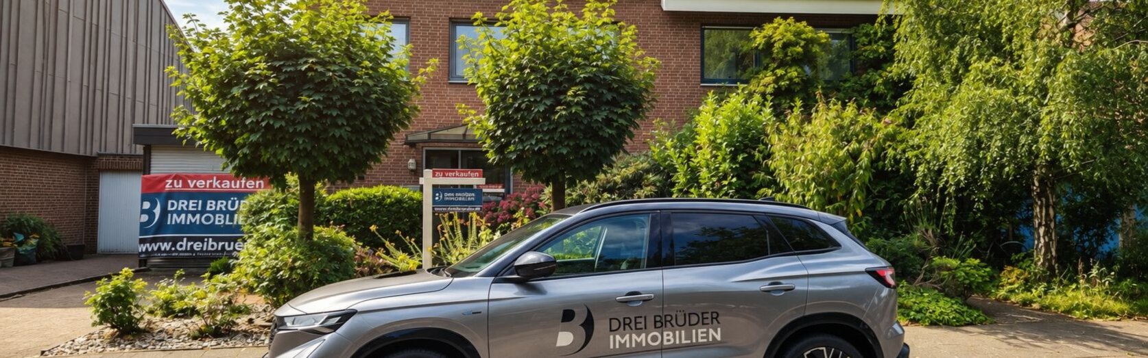 Ein modernes Fahrzeug mit der Aufschrift „Drei Brüder Immobilien“ steht vor einem, zum Verkauf angebotenen, Wohnhaus. Pflanzen und Bäume umgeben die Szenerie. Im Hintergrund sind ein Himmel mit Wolken und ein paar Dachfenster sichtbar.