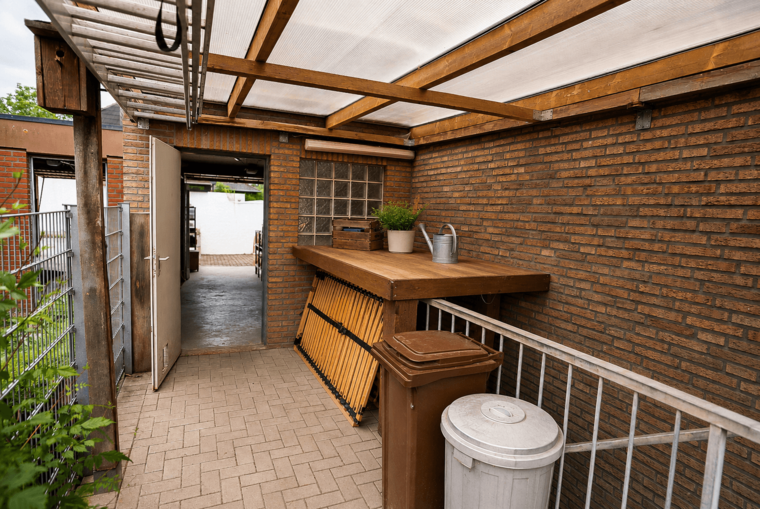 Ein überdachter Eingangsbereich mit einem Tisch aus Holz, einem Blumentopf, einer Gießkanne und Mülltonnen. Der Boden ist mit Steinen gepflastert, und es gibt einen Zugang zu einem weiteren Raum. Die Wand besteht aus Ziegeln, und das Licht fällt durch ein Fenster.