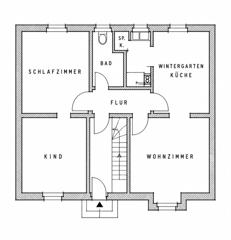 Der Grundriss zeigt die Anordnung der Räume in einer Wohnung. Zu sehen sind Schlafzimmer, Wohnzimmer, Kinderzimmer, Küche, Wintergarten, Bad und ein Flur, der alle Bereiche miteinander verbindet. Eine Treppe führt zu einem weiteren Bereich.