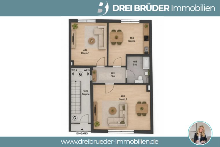 Grundriss einer Wohnung mit fünf Räumen: Raum 1, Raum 2, Küche, Bad und Flur. Der Eingang befindet sich unten links, während eine Treppe in der Nähe des Flurs verläuft. Die Räume sind mit Möbeln skizziert.