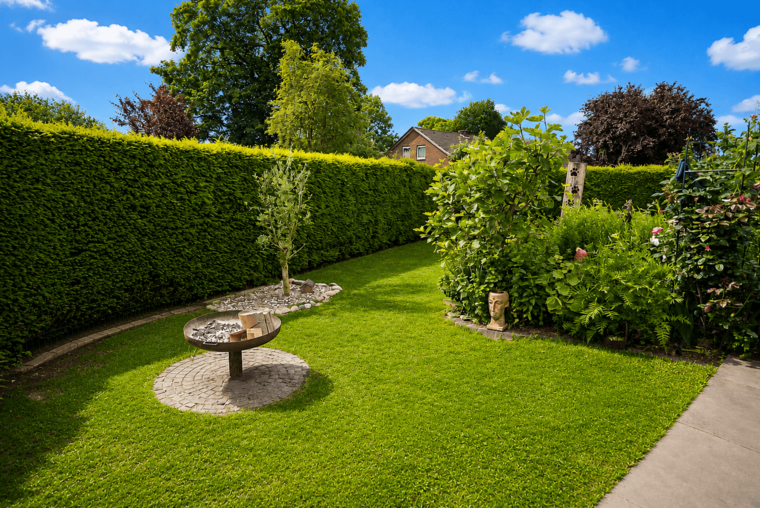 Ein gepflegter Garten mit grünem Rasen und hohem, grünem Heckenrand. In der Mitte steht ein runder Steintisch mit einer kleinen Sammlung von Steinen. Umgeben von üppigem Grün und einigen Bäumen, strahlt die Landschaft Ruhe und Naturverbundenheit aus. Der Himmel ist blau mit einigen weißen Wolken.
