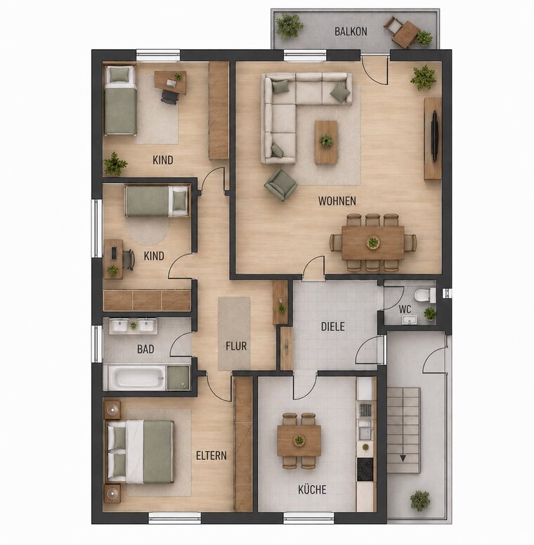 Die Grafik zeigt einen Grundriss einer Wohnung. Sie besteht aus mehreren Räumen: zwei Kinderzimmer, ein Schlafzimmer für die Eltern, ein Badezimmer, eine Küche, ein Wohnbereich mit Essplatz und einen Flur. Zudem gibt es einen Balkon. Pflanzen sind in verschiedenen Bereichen platziert.
