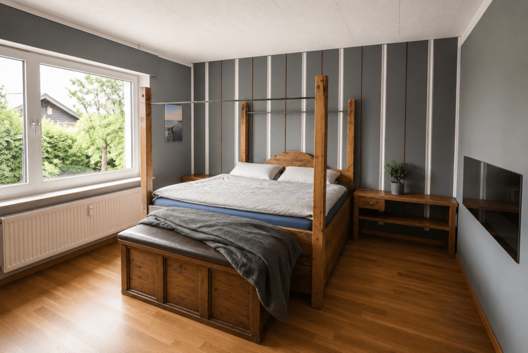 Ein modernes Schlafzimmer mit einem vierpfostigen Bett aus Holz, weißen Bettwaren und einer Tagesdecke. Neben dem Bett steht eine Holzbank. An der Wand hängt eine kleine Pflanze. Große Fenster ermöglichen einen Blick auf grünes Laub im Freien. Der Fußboden ist aus hellem Holz.