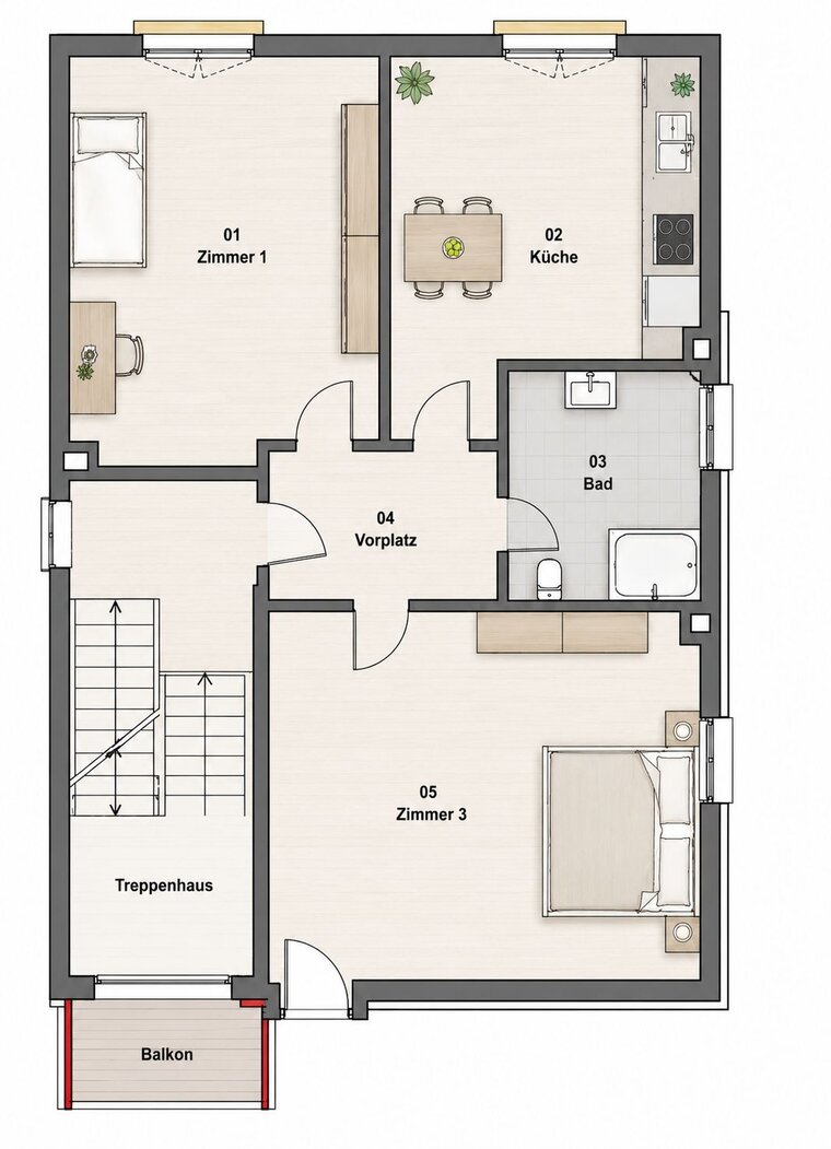 Der Grundriss zeigt eine Wohnung mit drei Zimmern, einer Küche, einem Bad und einem Vorplatz. Das Treppenhaus führt zu einem Balkon. Räume sind beschriftet: Zimmer 1, Zimmer 3, Küche, Bad und Vorplatz.