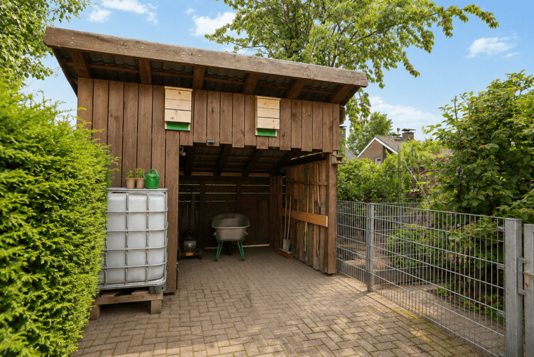 Ein Holzschuppen mit einem schrägen Dach steht in einer Gartenumgebung. Vor dem Schuppen befindet sich eine Schubkarre und ein Wassertank. Die Seiten sind von grünen Hecken umgeben. Im Hintergrund sind weitere Pflanzen und ein Zaun sichtbar.