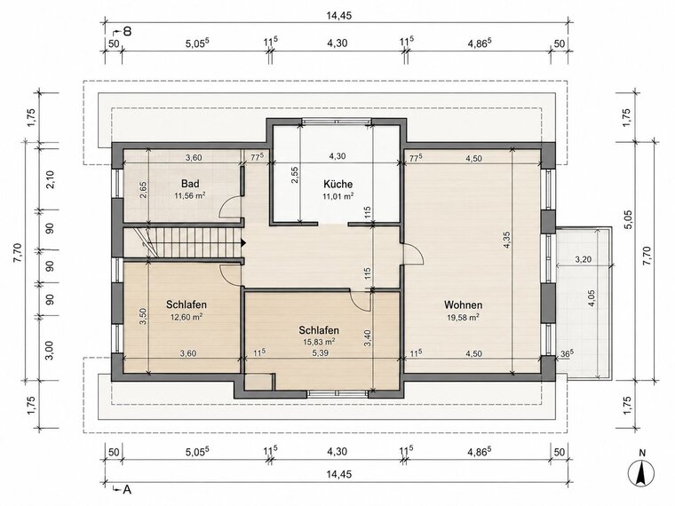 Der Grundriss zeigt eine Wohnung mit zwei Schlafzimmern, einem Badezimmer, einer Küche und einem Wohnbereich. Die Fläche der einzelnen Räume ist angegeben, zusammen mit den Abmessungen der Wände. Ein Treppenaufgang ist ebenfalls vorhanden, der zu weiteren Ebenen führt.